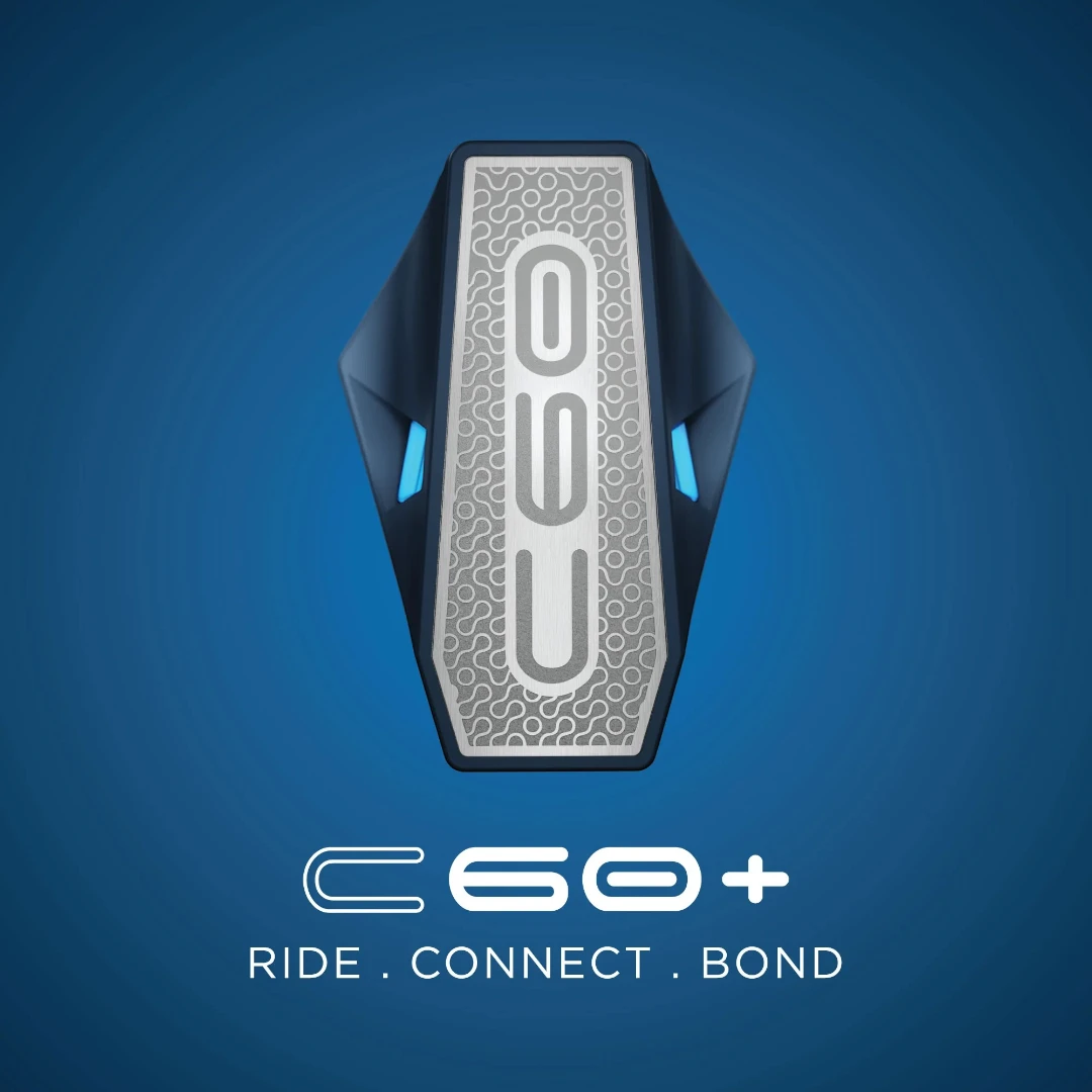 Motodrift BluArmor C60+ Bluetooth mesh motorcycle intercom device with a sleek metallic finish on a blue background.