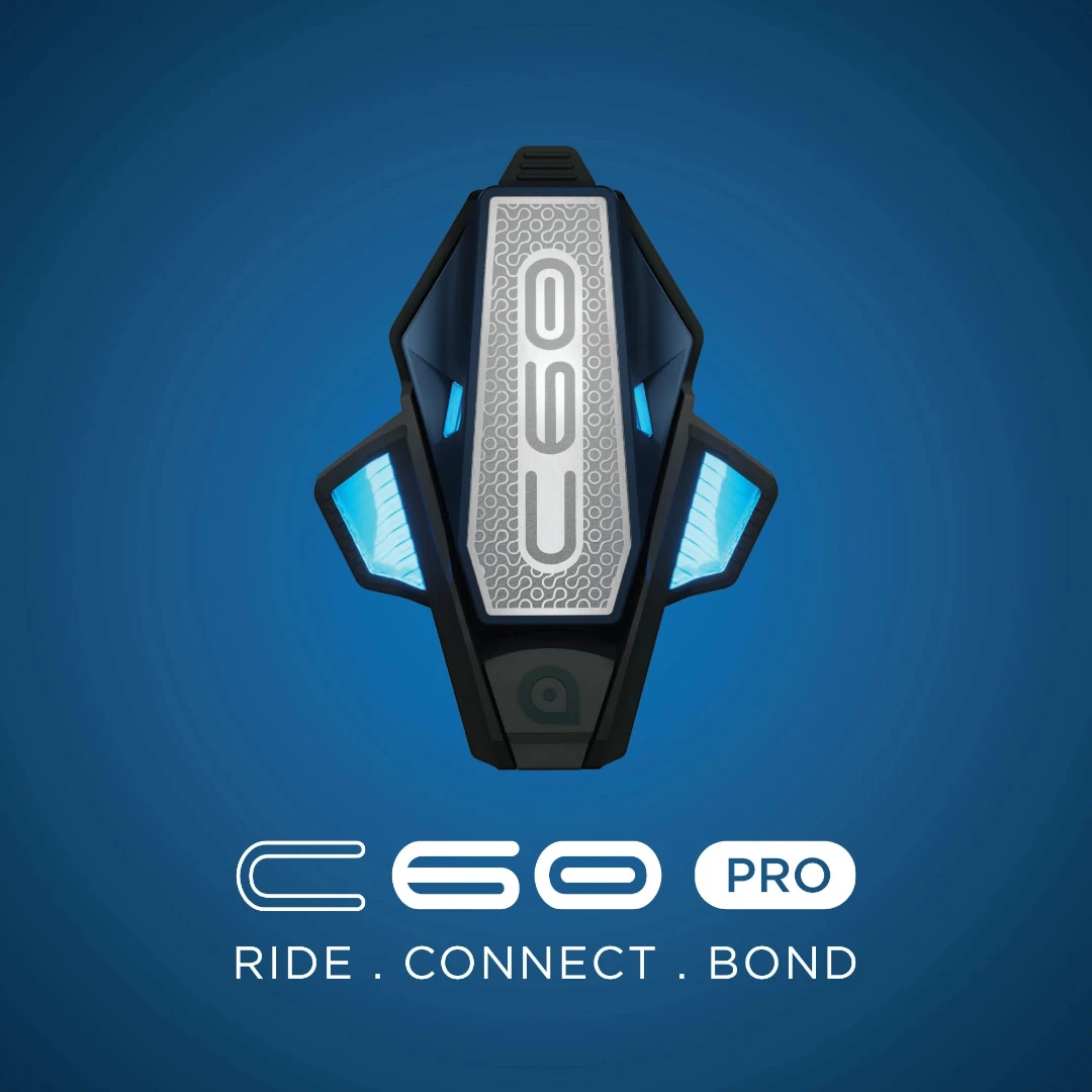 Motodrift BluArmor C60 PRO Bluetooth mesh motorcycle intercom with a sleek black and silver low-profile design.