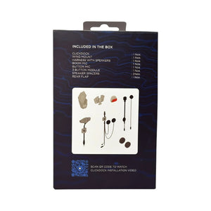 Motodrift Bluarmor ClickDock helmet kit packaging showing included speakers, microphones, and mounting accessories