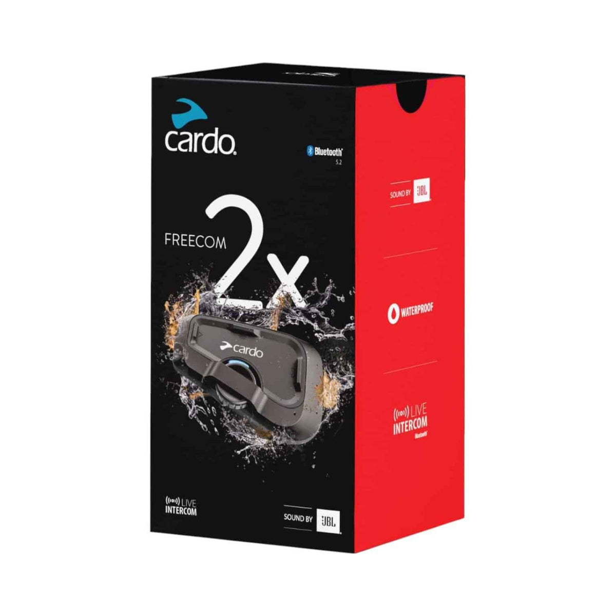 Motodrift Cardo Freecom 2X motorcycle Bluetooth communication system in retail packaging with JBL speaker branding.