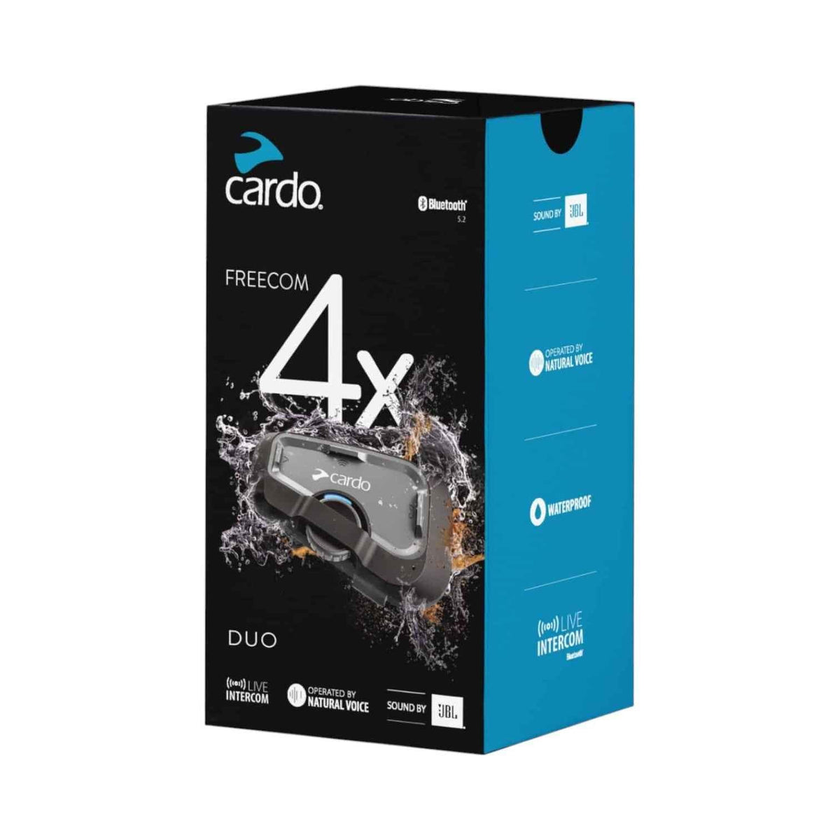 Motodrift Cardo Freecom 4X Duo motorcycle communication system packaging box showing product features and branding.