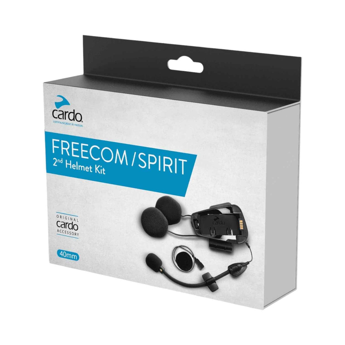 Motodrift Cardo Freecom and Spirit 2nd helmet kit in retail packaging with speakers, microphone, and mounting base.