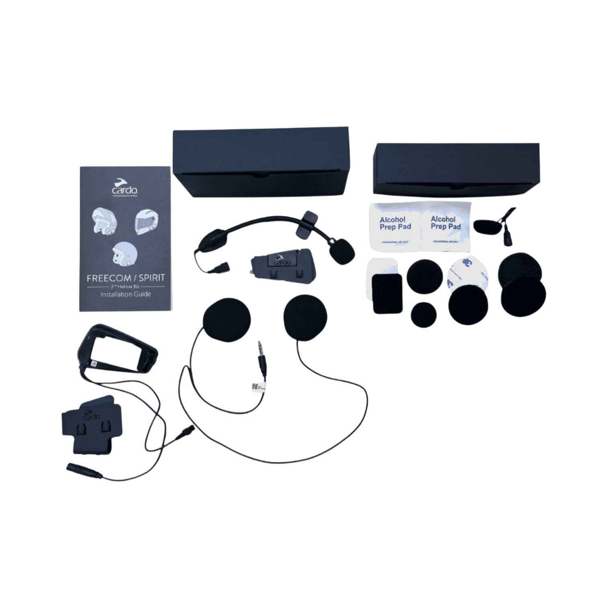 Motodrift Cardo Freecom and Spirit 2nd helmet kit with speakers, microphone, mounting hardware, and installation guide.