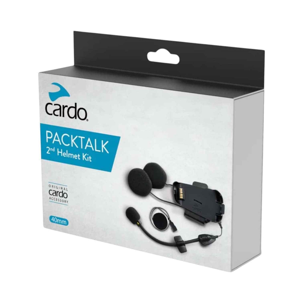 Motodrift Cardo Packtalk Bold 2nd Helmet Kit packaging showing speakers, microphone, and mounting base components