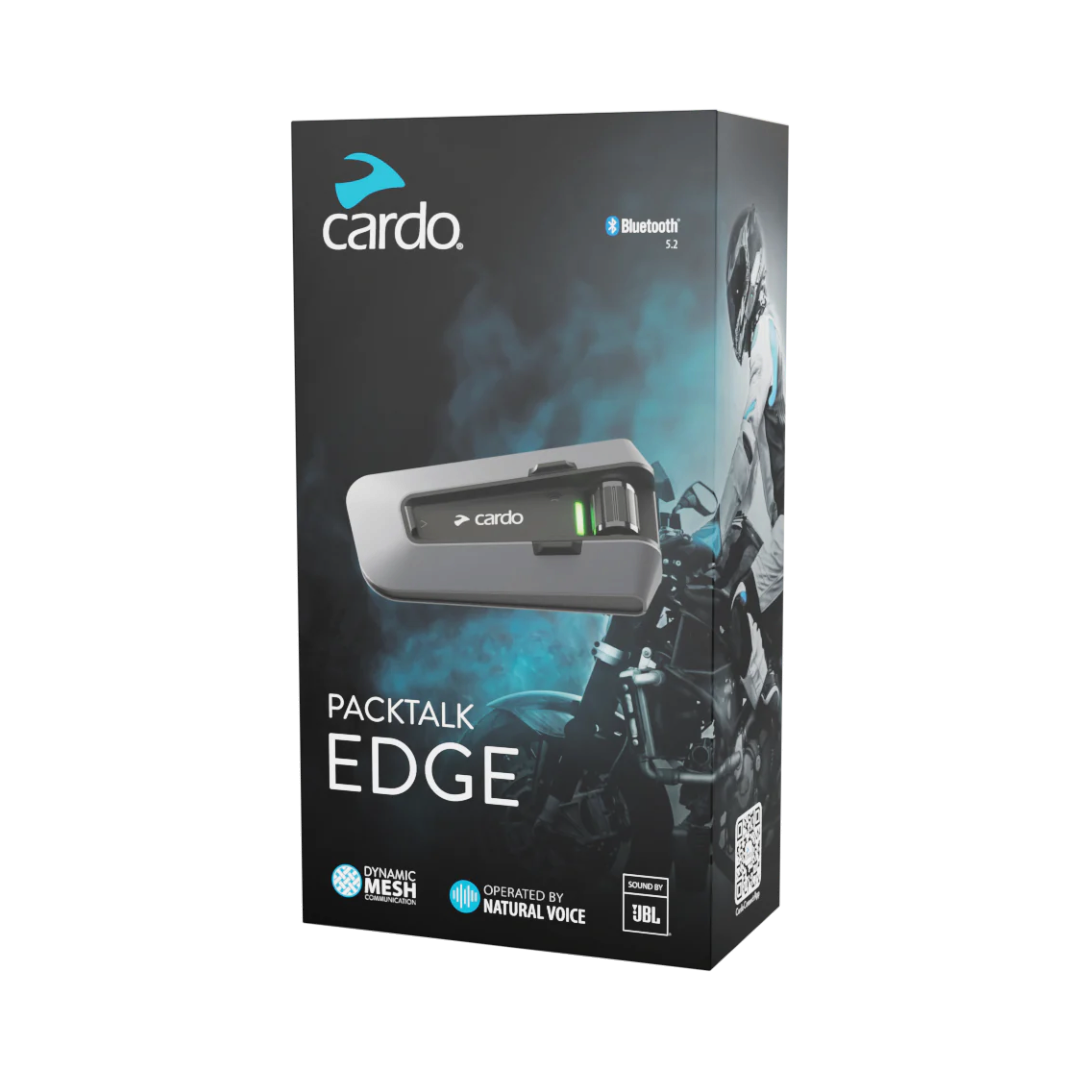 Motodrift Cardo Packtalk Edge motorcycle communication system packaging box with product branding and features