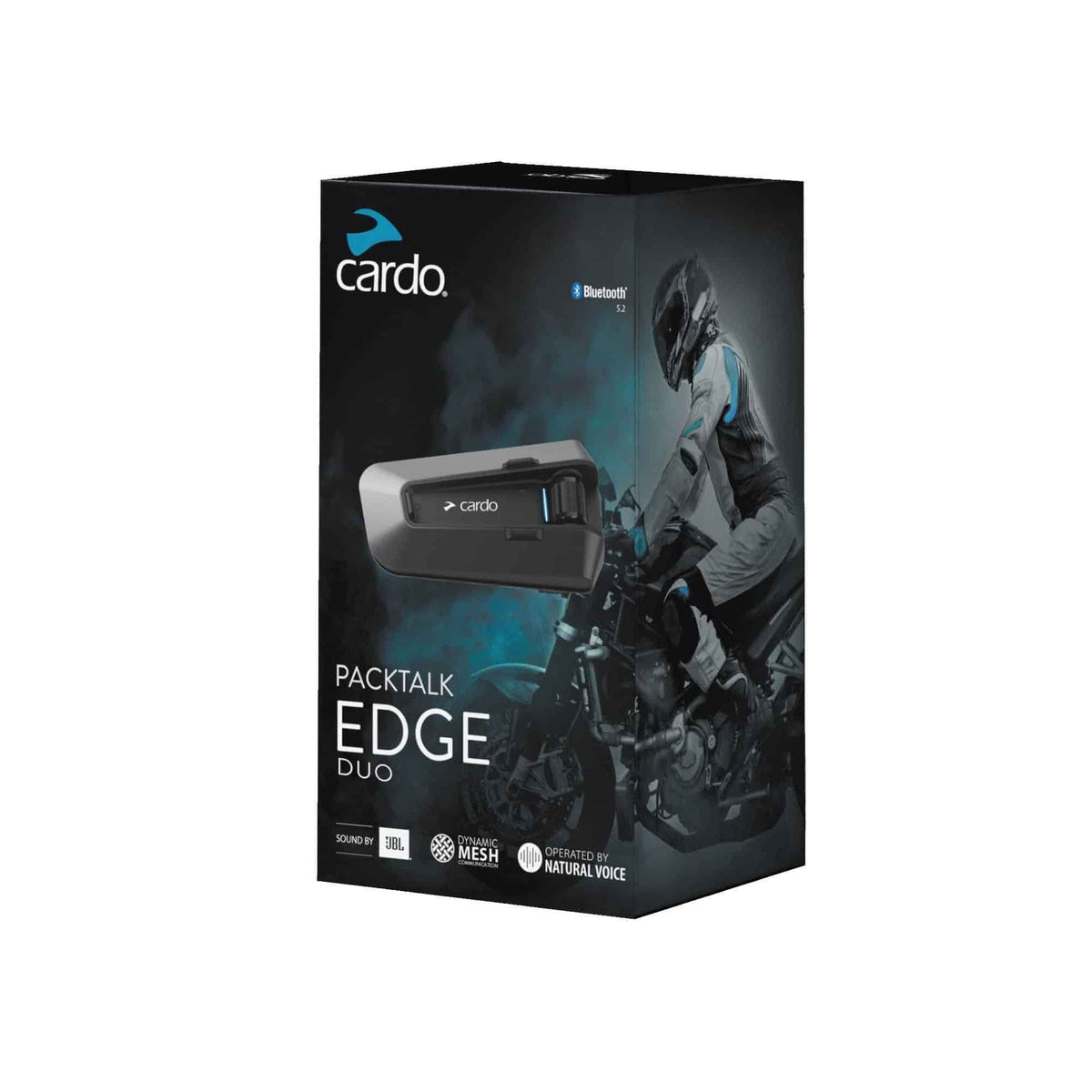 Motodrift Cardo Packtalk Edge Duo motorcycle communication system box featuring JBL speakers and mesh technology