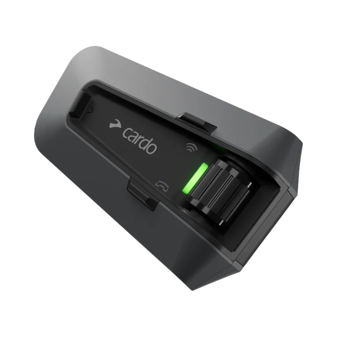 Motodrift Cardo Packtalk Edge motorcycle communication system with magnetic Air Mount and green status indicator light