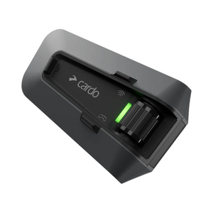 Motodrift Cardo Packtalk Edge motorcycle communication system with magnetic Air Mount and green status indicator light