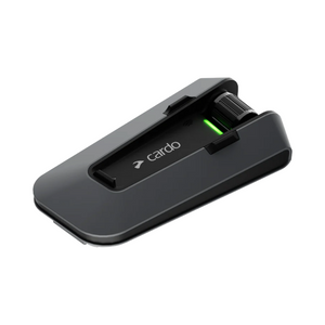 Motodrift Cardo Packtalk Edge motorcycle communication system with a sleek black design and green status indicator light
