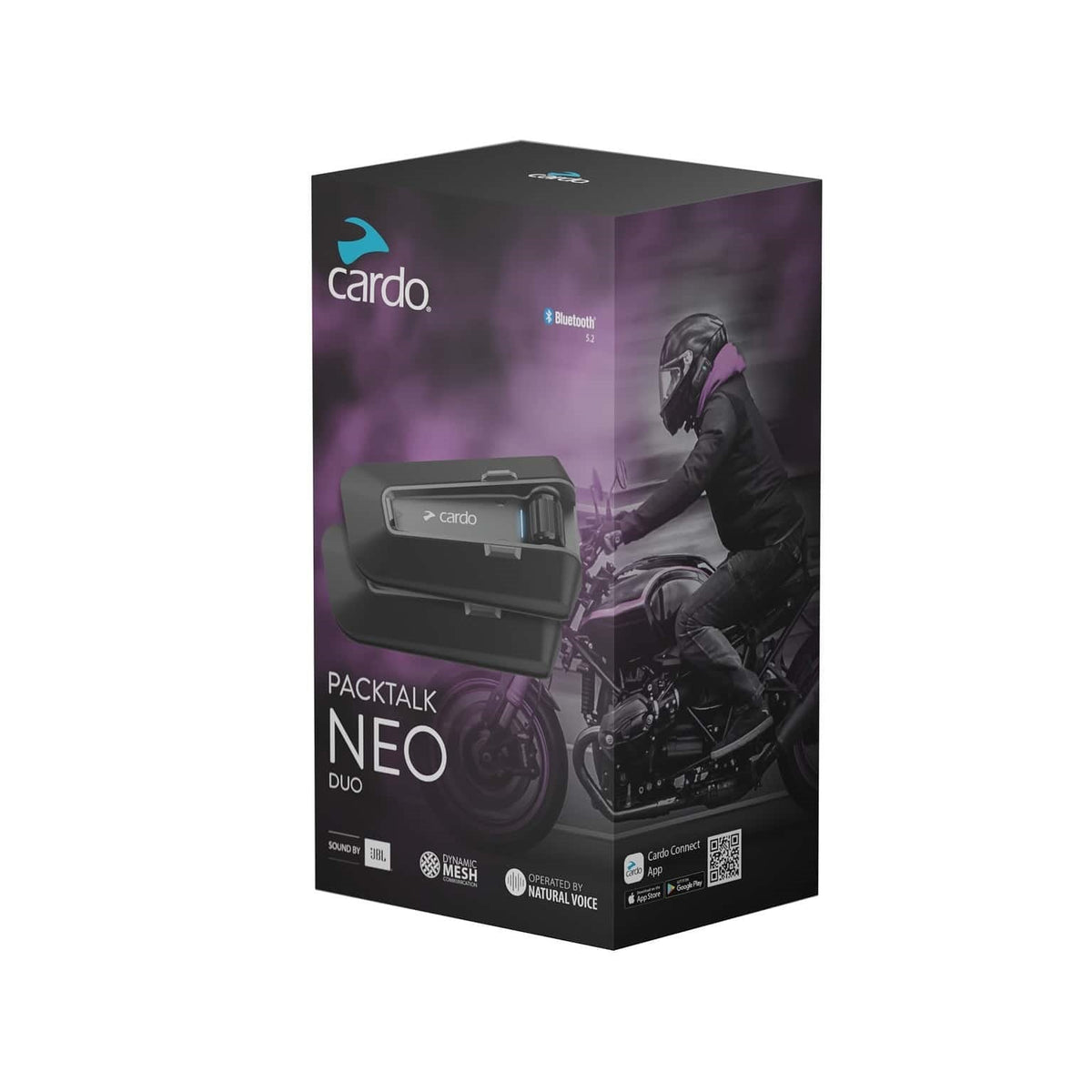 Motodrift Cardo Packtalk Neo Duo motorcycle communication system packaging box with rider graphic