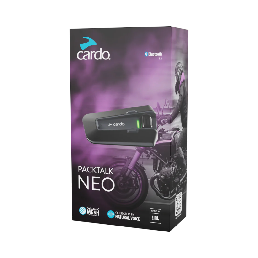 Motodrift Cardo Packtalk Neo motorcycle helmet intercom system in retail packaging with JBL branding
