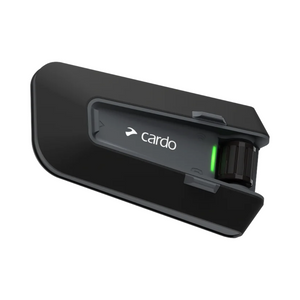 Motodrift Cardo Packtalk Neo motorcycle helmet intercom in black with a green status light indicator.