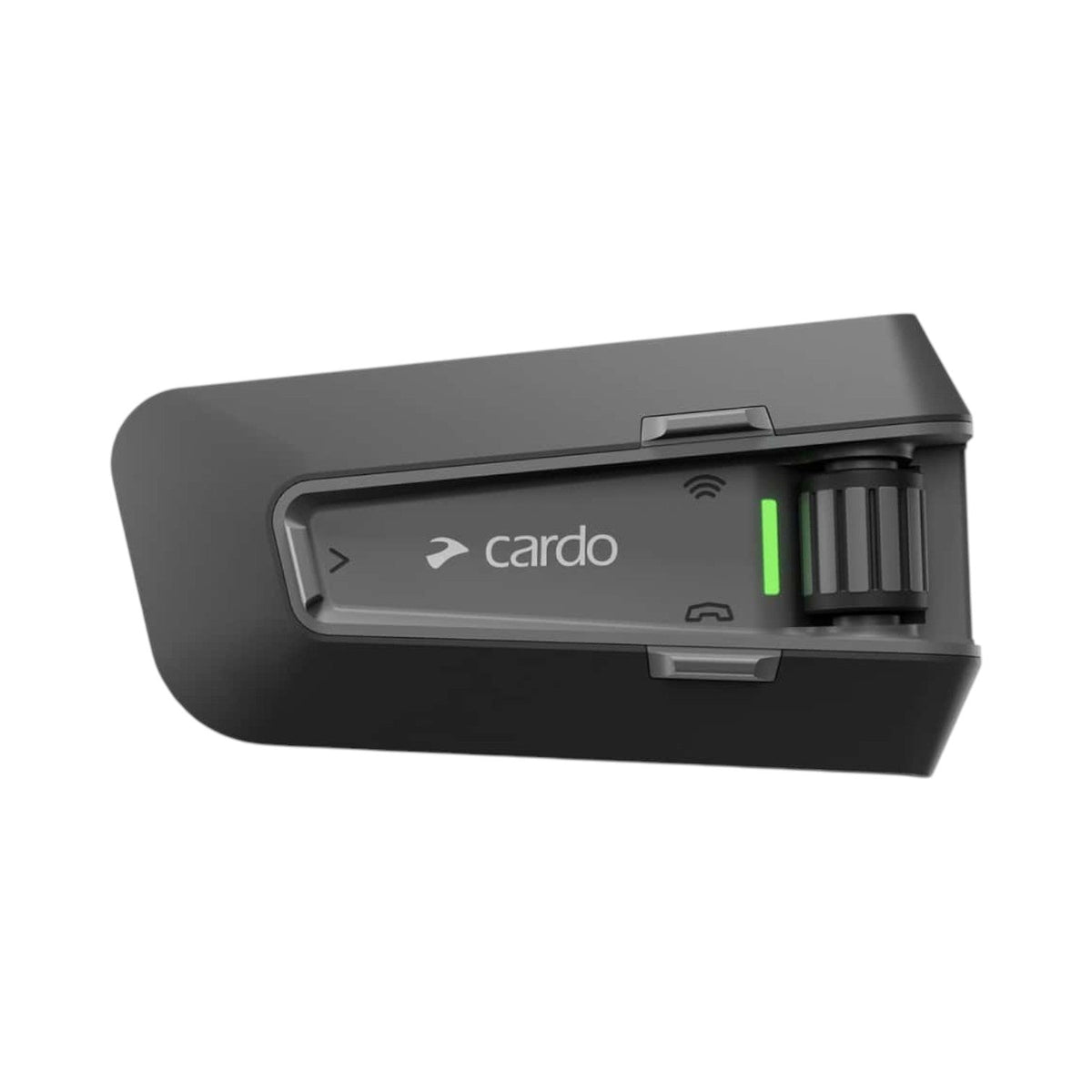 Motodrift Cardo Packtalk Neo motorcycle communication system in matte black with green status light indicator