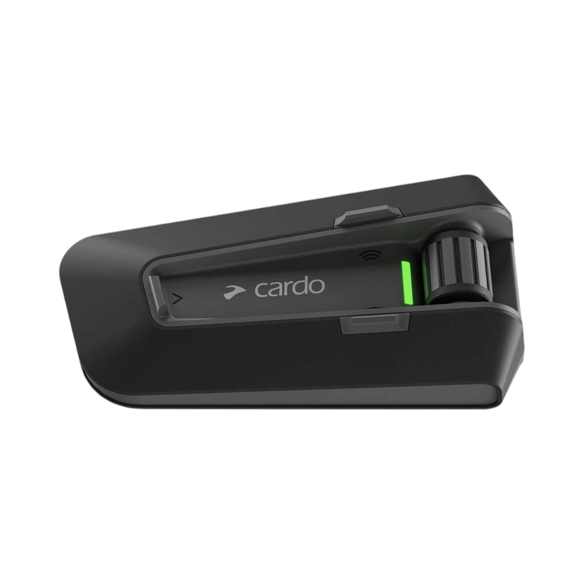 Motodrift Cardo Packtalk Neo motorcycle communication system in black with a green status light and control dial