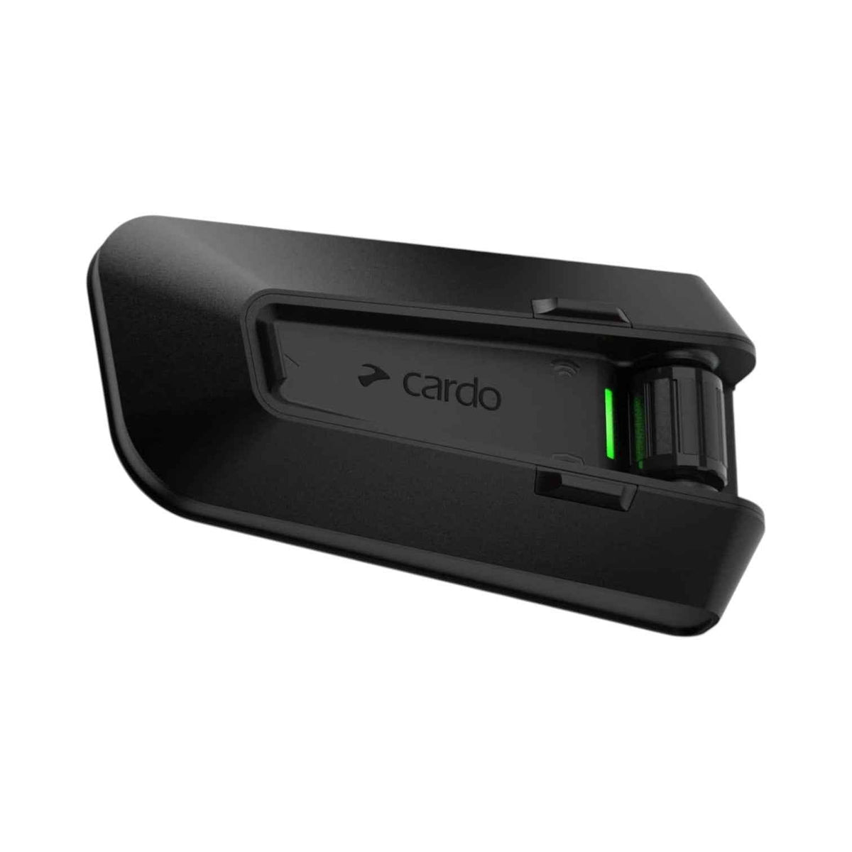 Motodrift Cardo Packtalk Pro motorcycle communication system in sleek black with a magnetic mount and control dial.