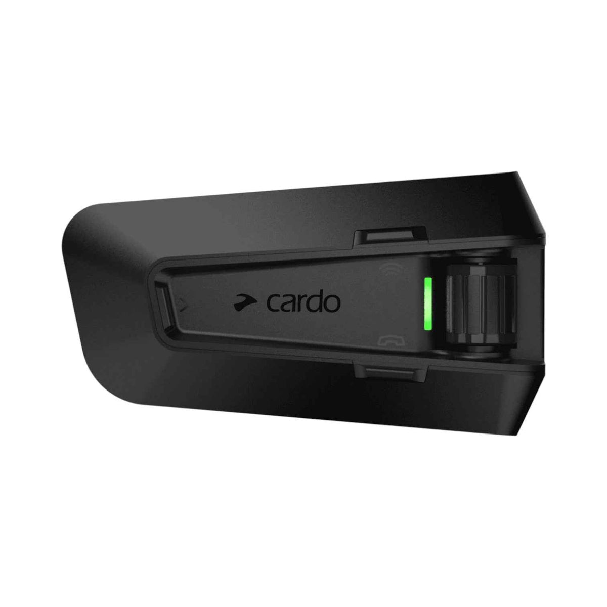 Motodrift Cardo Packtalk Pro motorcycle communication system in black with a green status light and control dial.