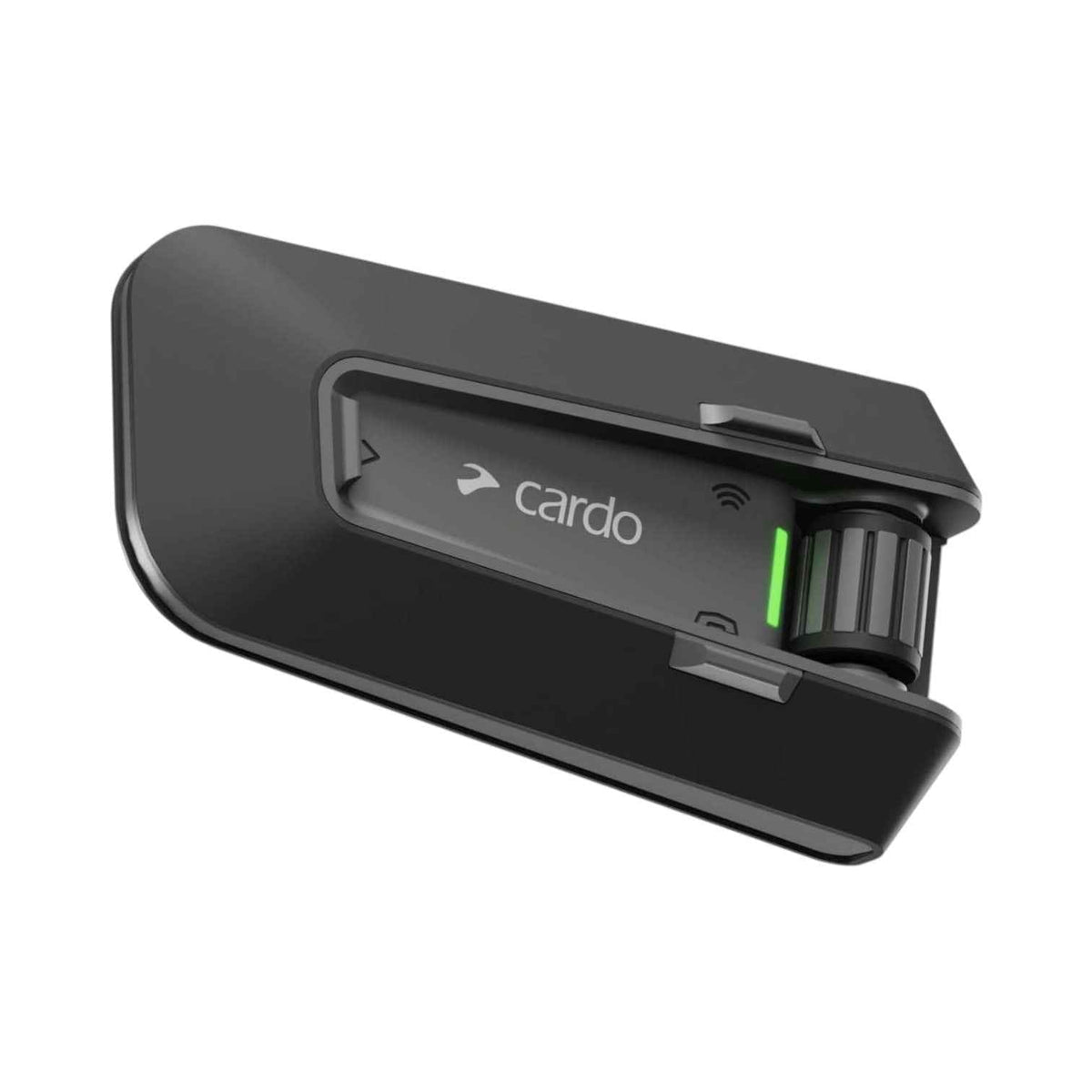 Motodrift Cardo Packtalk Special Edition motorcycle intercom unit in black with a green status light indicator.