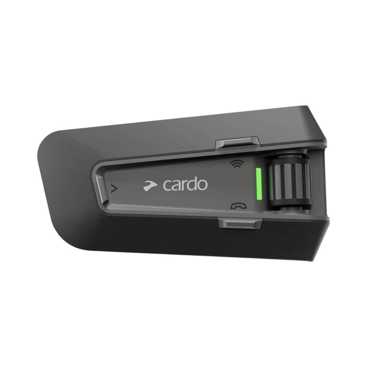 Motodrift Cardo Packtalk Special Edition motorcycle intercom unit in matte black with green status indicator light