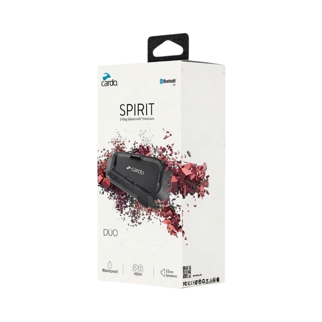 Motodrift Cardo Spirit Duo Bluetooth motorcycle intercom system packaging showing the dual pack communication device