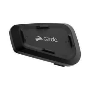 Motodrift Cardo Spirit HD Bluetooth motorcycle intercom unit in black with a sleek, aerodynamic design.