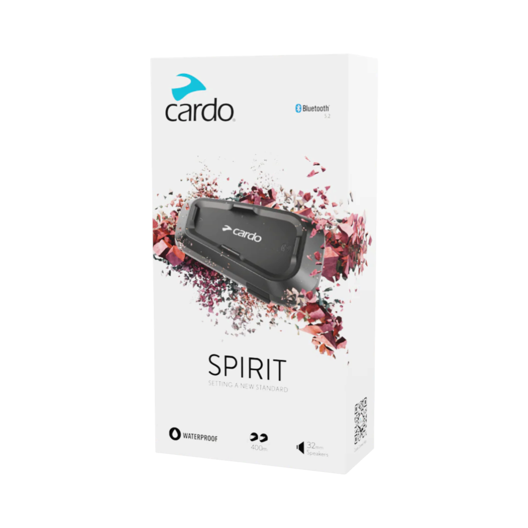 Motodrift Cardo Spirit Bluetooth motorcycle intercom system in retail packaging with 400m range and HD speakers