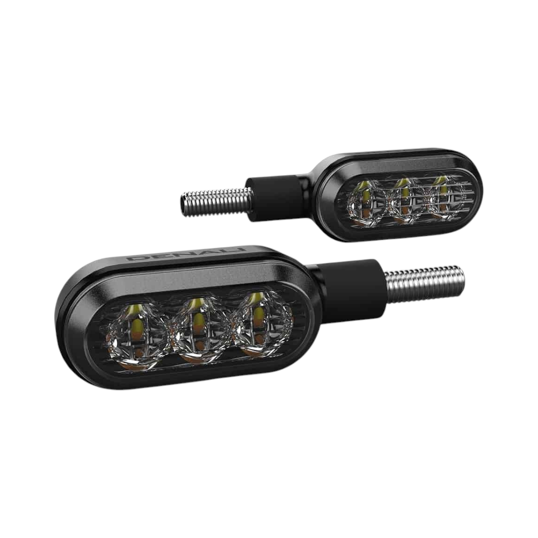 Motodrift DENALI T3 switchback LED pods with M8 mounts for motorcycle rear brake and amber turn signal lighting