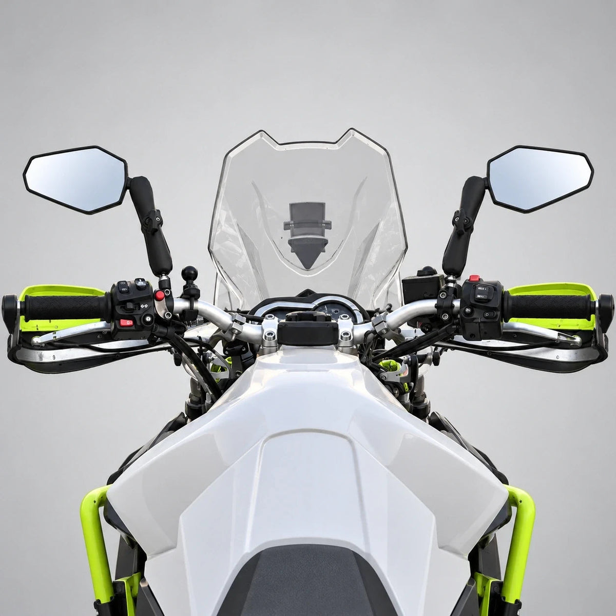 Motodrift Double Take Adventure Mirror set mounted on a white motorcycle with RAM arms and locking security knobs.