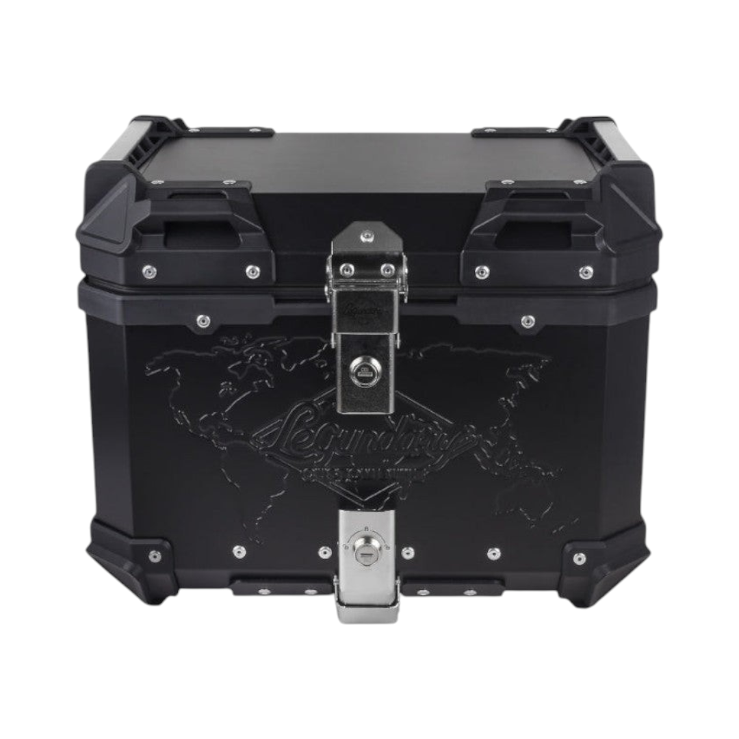 Motodrift Legundary Fort Knox 45L black aluminium motorcycle top box with secure locking mechanism and world map design