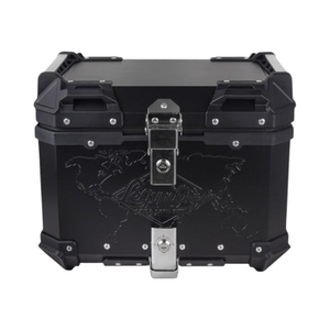 Motodrift Legundary Fort Knox 45L black aluminium motorcycle top box with secure locking mechanism and world map design