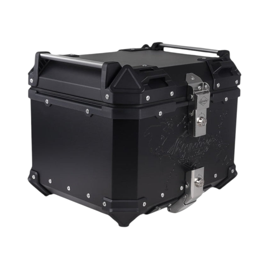 Motodrift Legundary Fort Knox 45L black aluminium motorcycle top box with secure locking mechanism and corner guards