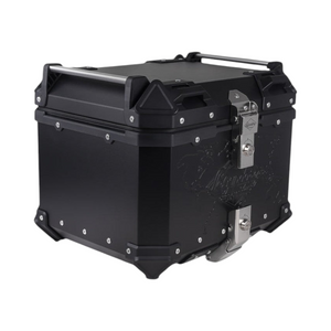 Motodrift Legundary Fort Knox 45L black aluminium motorcycle top box with secure locking mechanism and corner guards