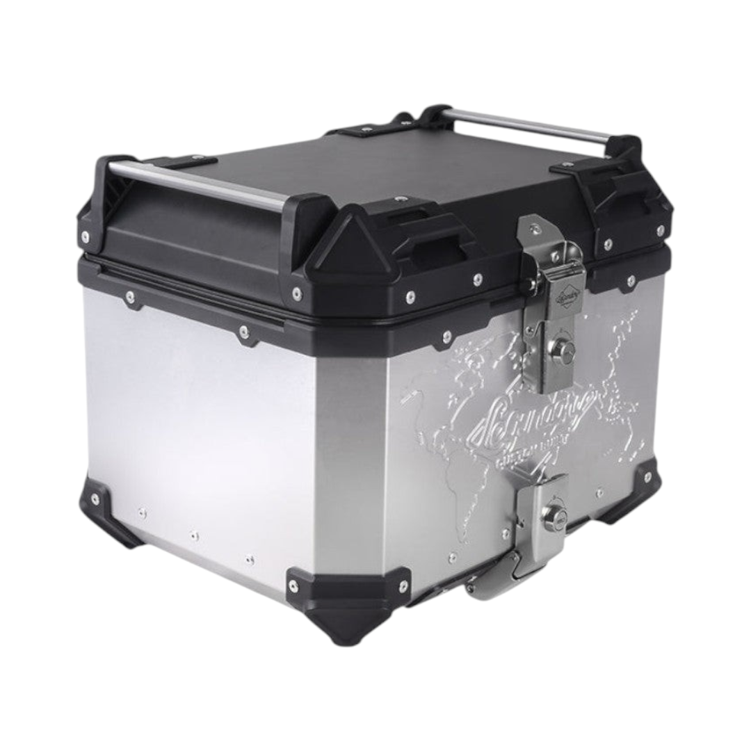 Motodrift Legundary Fort Knox 45L aluminium motorcycle top box in silver and black with secure locking mechanism