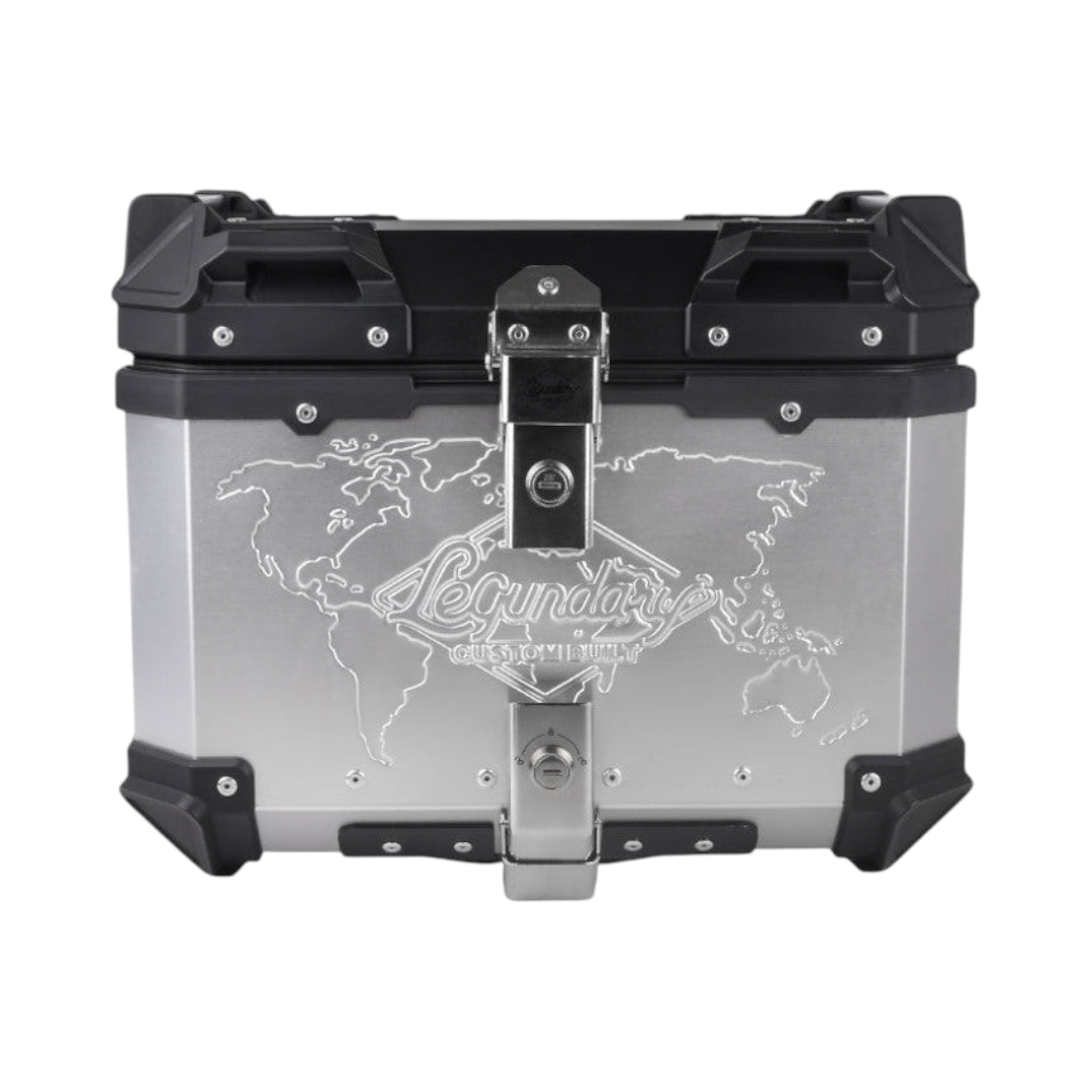Motodrift Legundary Fort Knox 45L aluminium motorcycle top box with world map engraving and black corner protectors