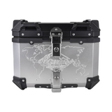 Motodrift Legundary Fort Knox 45L aluminium motorcycle top box with world map engraving and black corner protectors
