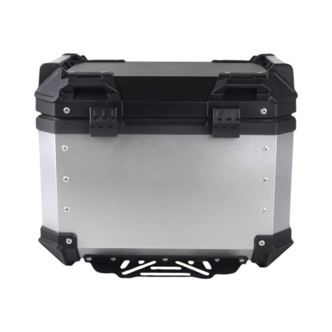 Motodrift Legundary Fort Knox 45L aluminium motorcycle top box in silver and black with a durable, weather-resistant design