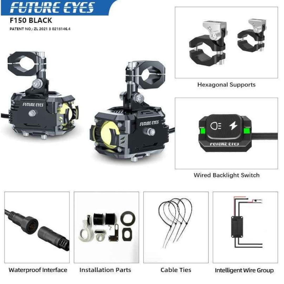 Motodrift Future Eyes F 150 dual colour auxiliary LED lights with mounting brackets, switch, and wiring kit components.
