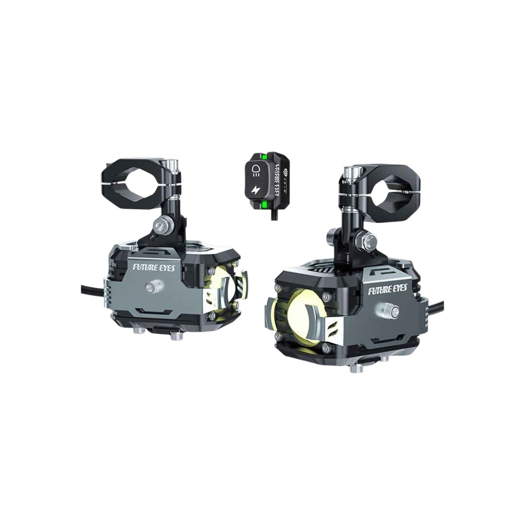 Motodrift Future Eyes F 150 dual colour LED auxiliary motorcycle lights with mounting brackets and control switch.