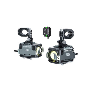 Motodrift Future Eyes F 150 dual colour LED auxiliary motorcycle lights with mounting brackets and control switch.