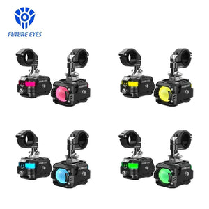 Motodrift Future Eyes F150 Pro motorcycle auxiliary lights with multi-colour DRL and adjustable mounting brackets