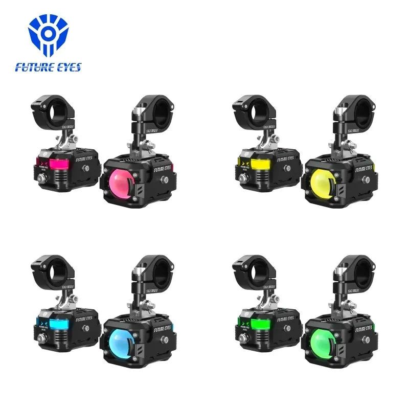 Motodrift Future Eyes F150 Pro motorcycle auxiliary lights with multi-colour DRL and adjustable mounting brackets