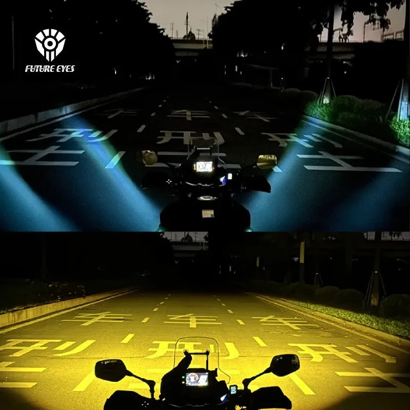 Motodrift Future Eyes F150 Pro motorcycle auxiliary lights showing blue DRL and yellow high-beam road illumination