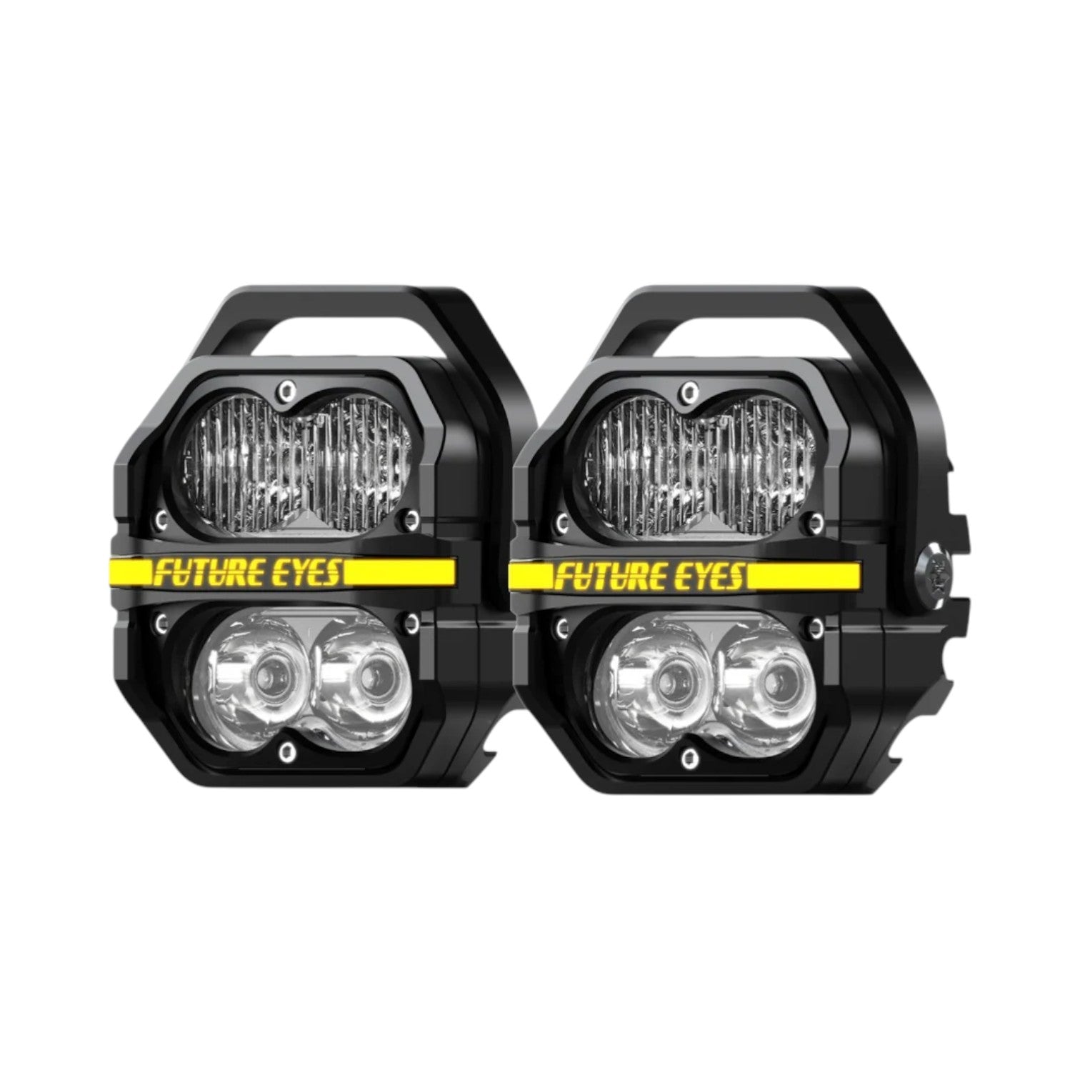 Motodrift Future Eyes Z4 auxiliary LED motorcycle lights with dual spot and flood beam lenses in a black housing.