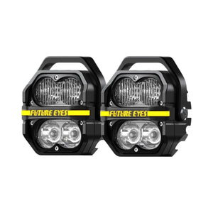 Motodrift Future Eyes Z4 auxiliary LED motorcycle lights with dual spot and flood beam lenses in a black housing.
