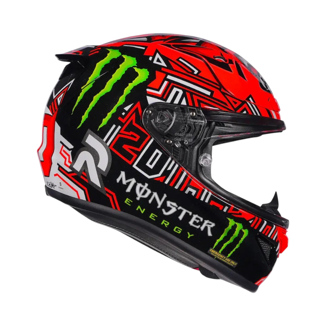 Motodrift HJC RPHA 12 Quartararo replica motorcycle helmet in black, red, and green with Monster Energy branding.