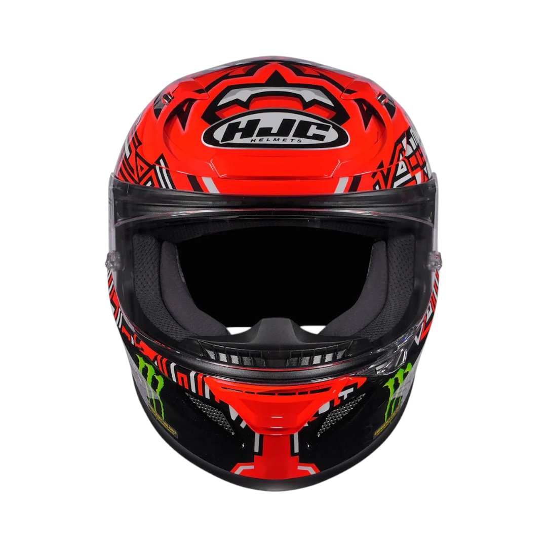 Motodrift HJC RPHA 12 Quartararo replica motorcycle helmet in red and black with aerodynamic racing graphics.