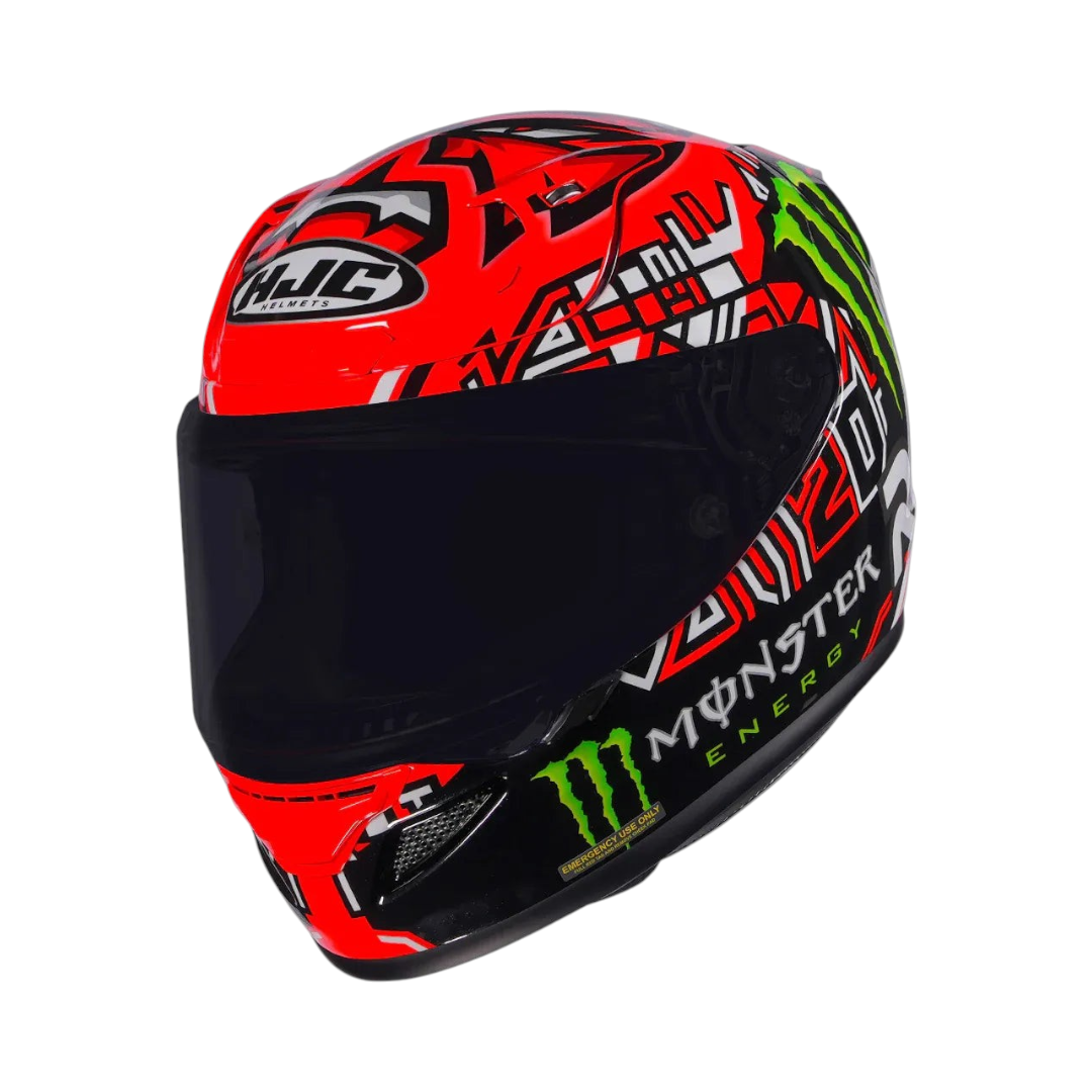 Motodrift HJC RPHA 12 Quartararo replica motorcycle helmet in red, black, and green with Monster Energy branding.