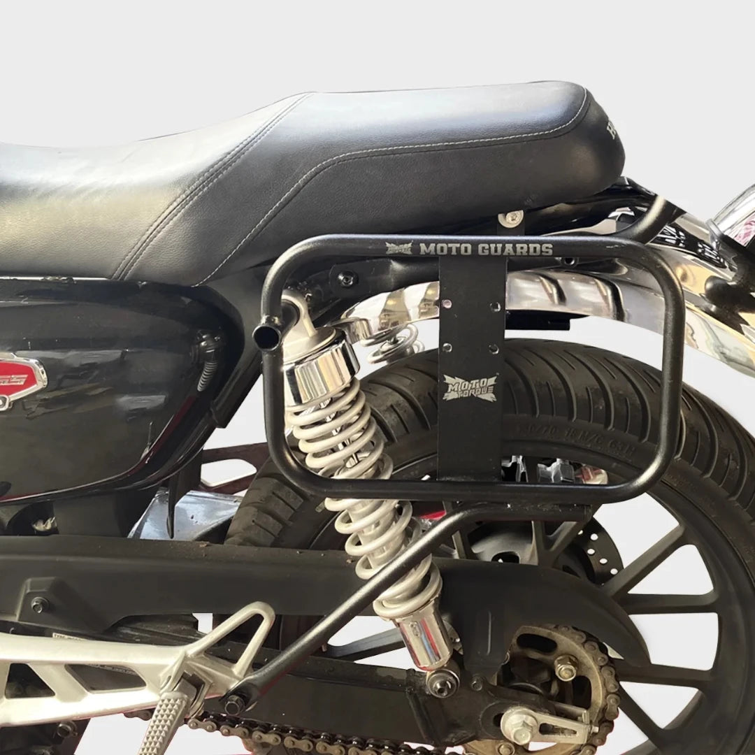 Motodrift Moto Torque black steel saddle stay mounted on a Honda CB350 H'ness motorcycle for luggage support