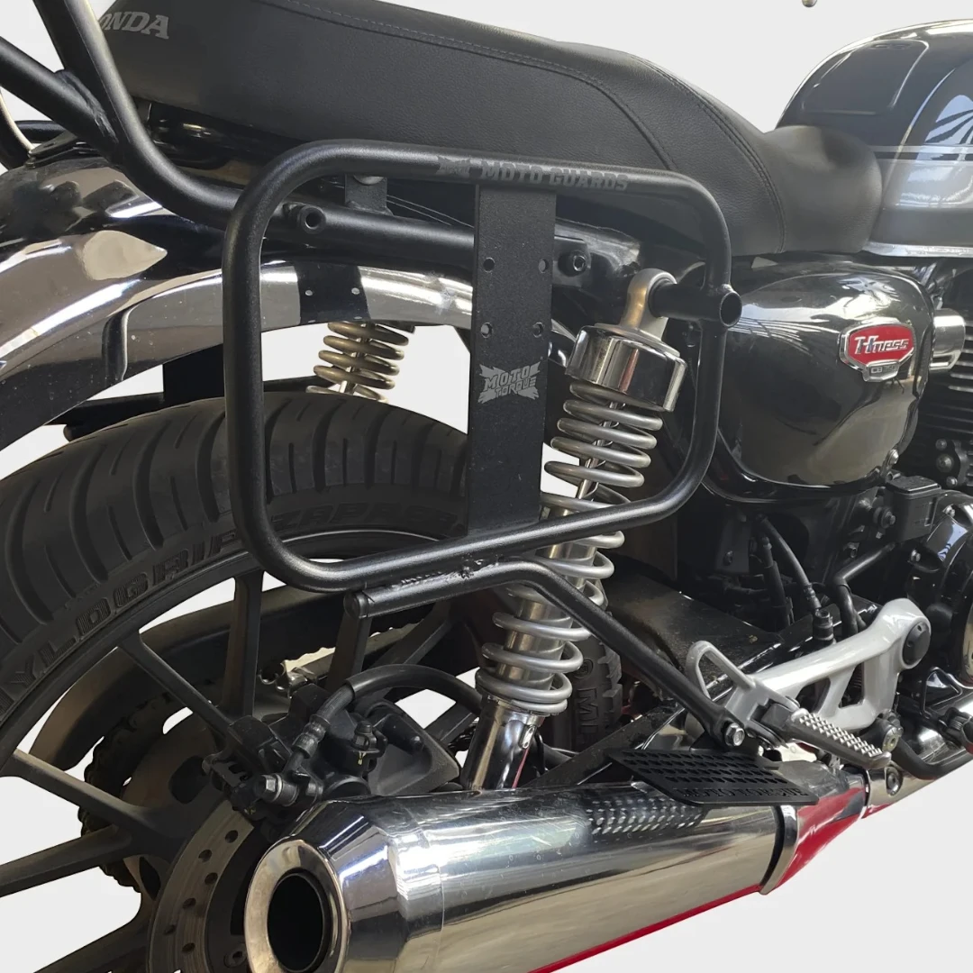 Motodrift black powder-coated steel saddle stay mounted on a Honda H'ness 350 motorcycle for secure luggage support.