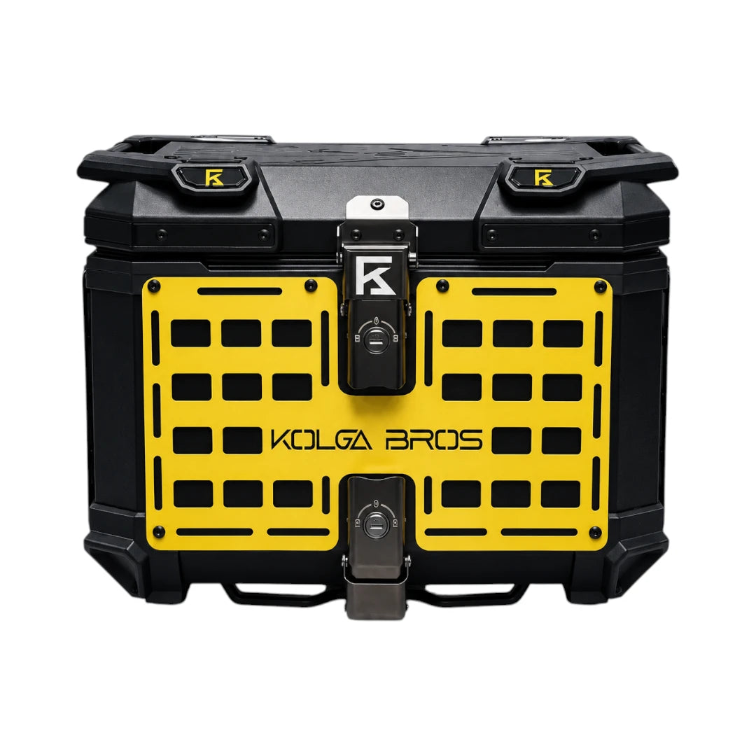 Motodrift KOLGA BROS 45L adventure motorcycle top box in black aluminium with a yellow MOLLE mounting panel.