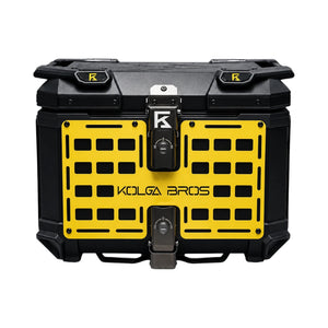 Motodrift KOLGA BROS 45L adventure motorcycle top box in black aluminium with a yellow MOLLE mounting panel.